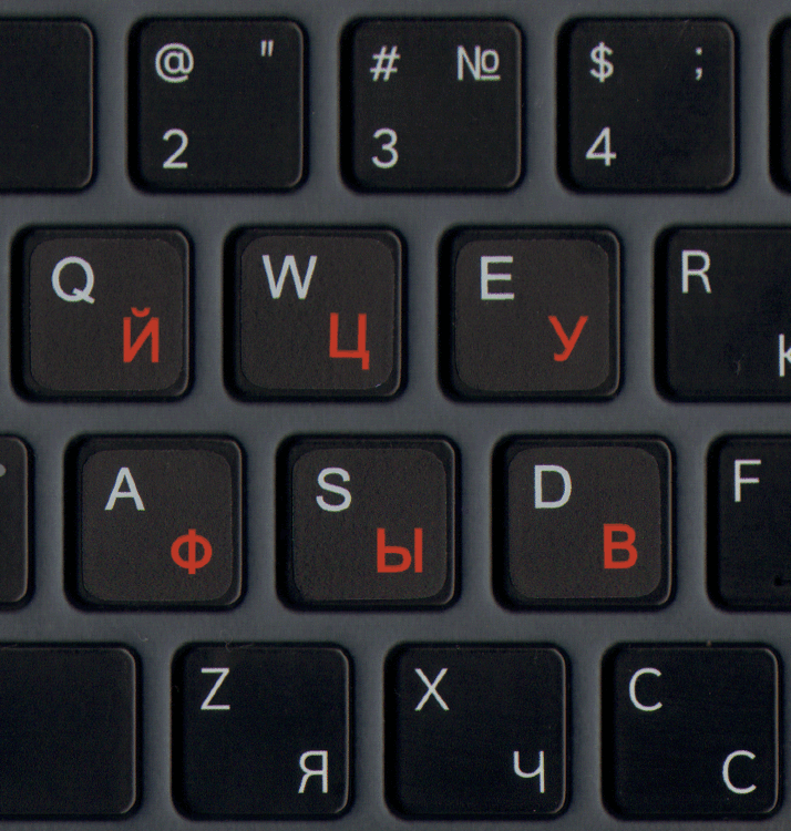 Наклейки на клавиатуру черный фон. Латиница белые/кириллица красные