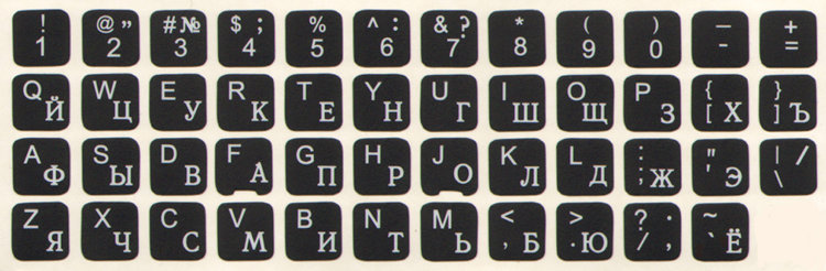 Наклейки на клавиатуру 1Х1 см. для нетбуков, черный фон. Латиница белые/кириллица белые